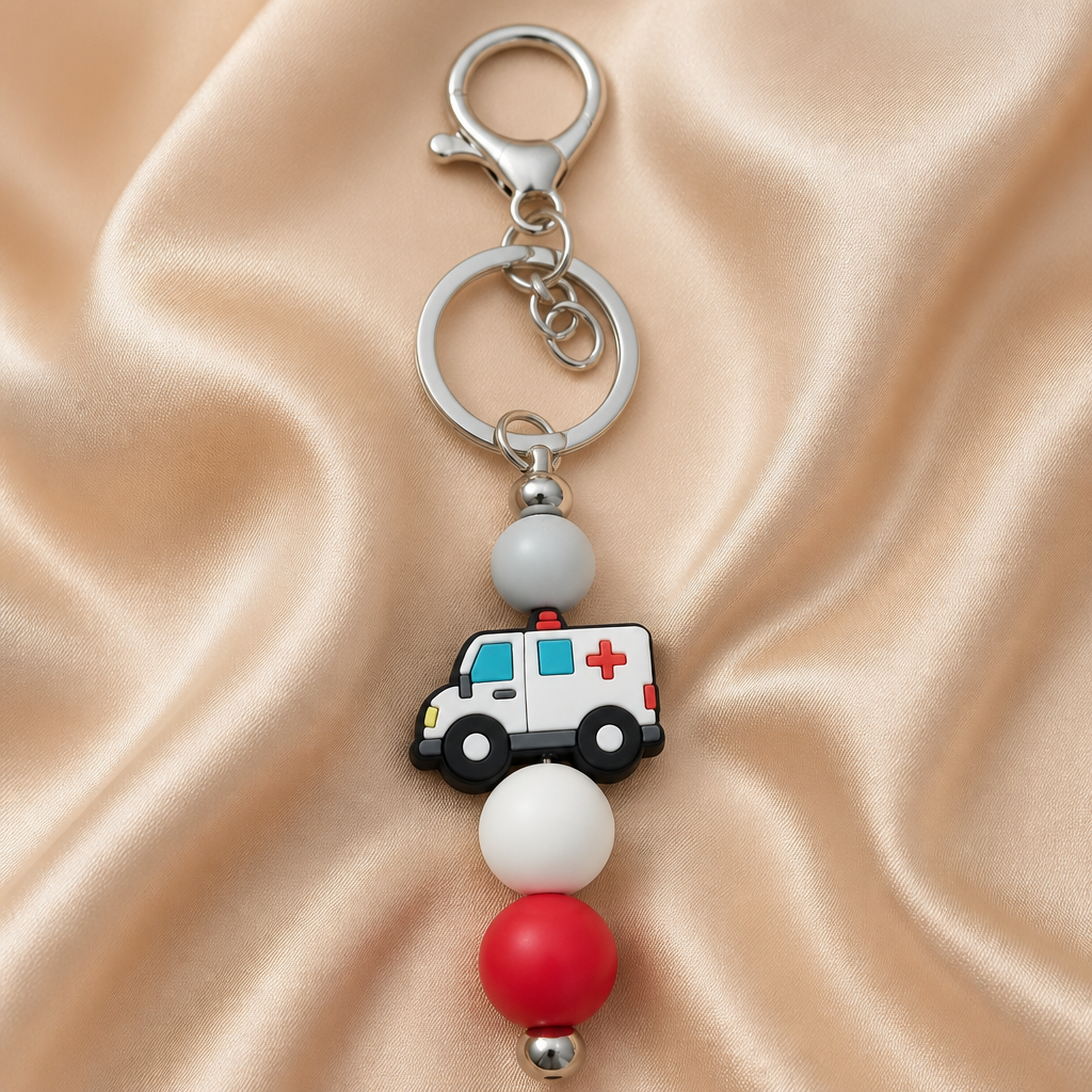 Hospital Keyring featuring a colorful ambulance design on a practical keychain for healthcare professionals.